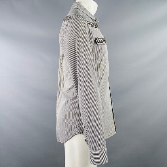 PIERRE BALMAIN Size M Silver Black White Stripe Studded Cotton Long Sleeve Shirt - Picture 3 of 7